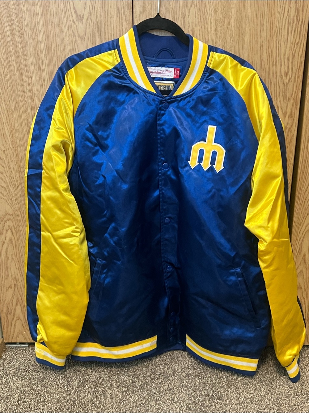 Mitchell & Ness Blue and Yellow Satin Varsity Bomber Jacket